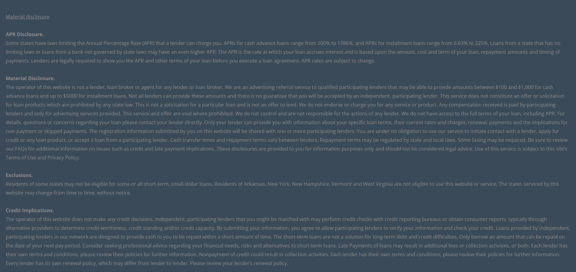 Material disclosure for payday loans in Hampton Virginia